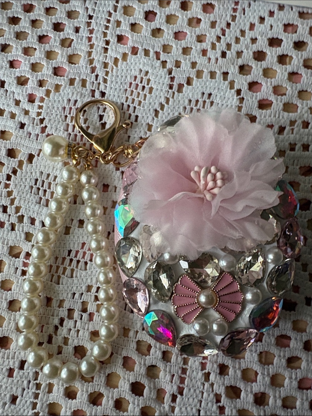Pink Embellished Mirror with pearl wristlet strap